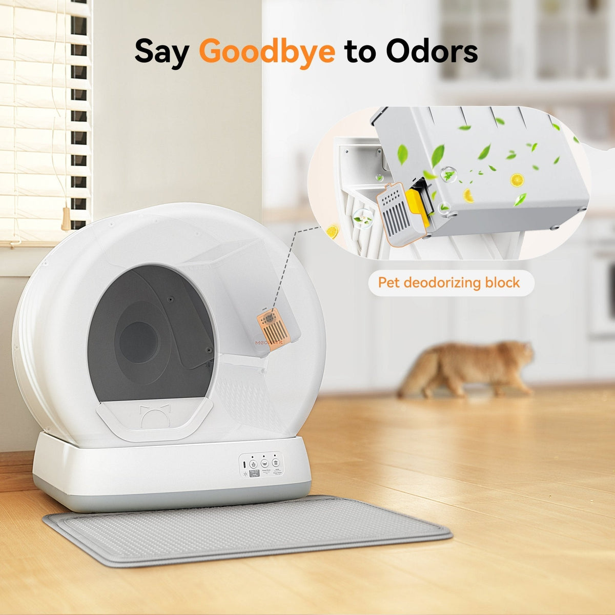 Meowant MW-SC01 self-cleaning cat litter box, gray and yellow model, highlighting odor control.