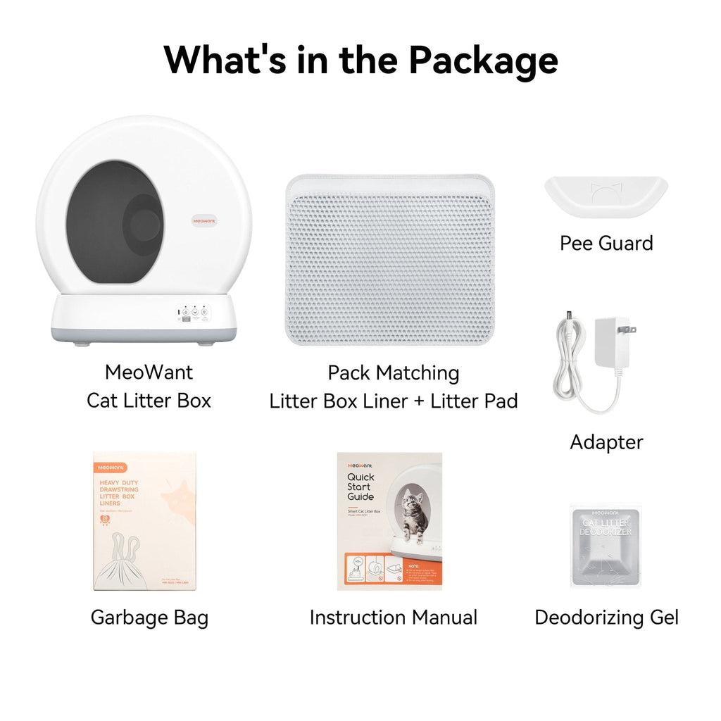Meowant Self-Cleaning Cat Litter Box MW-SC01: Unit, liners, pad, pee guard, adapter, manual, deodorizer.