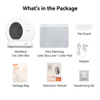 Meowant Self-Cleaning Cat Litter Box MW-SC01: Unit, liners, pad, pee guard, adapter, manual, deodorizer.
