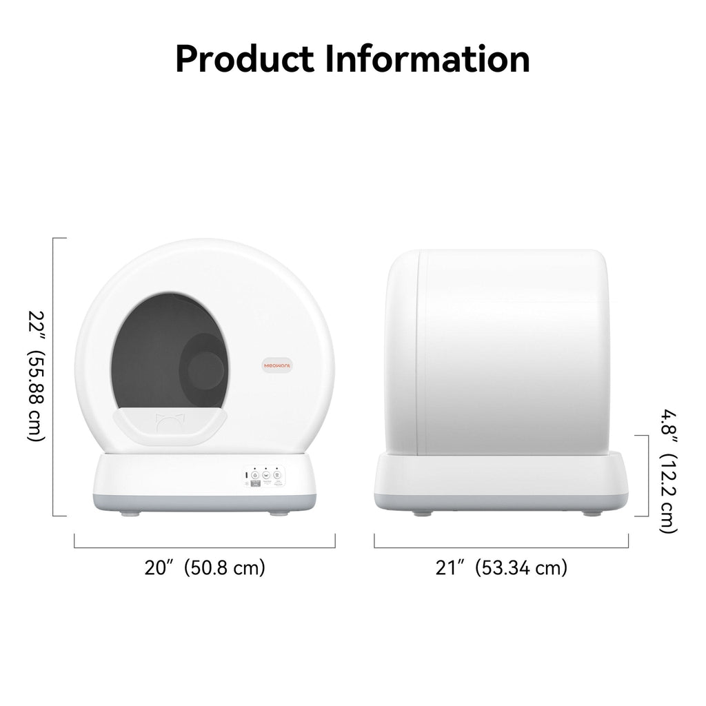 Meowant MW-SC01 self-cleaning cat litter box, gray and yellow model dimensions.