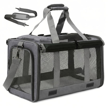 Airline Approved Pet Carrier Soft Sided Collapsible for Cats & Small Dogs - Breathable Oxford Cloth Travel Bag with Zipper Closure, Privacy Cover & Combo Set with Collar Leash Harness, Blue Pink Grey Green Beige
