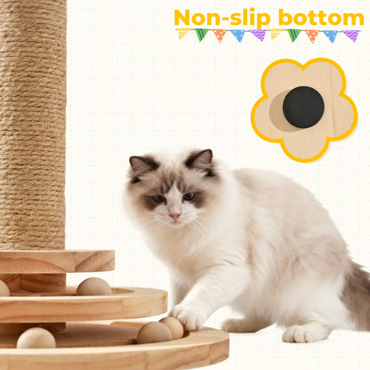Multi-Level Sisal Cat Scratching Post 4-in-1 with 6 Wooden Balls 2 Hanging Balls & 2 Feather Teaser Toys - Premium Thickened Sisal Anti-Slip Base for Indoor Cats M L XL + Replacement Pillars