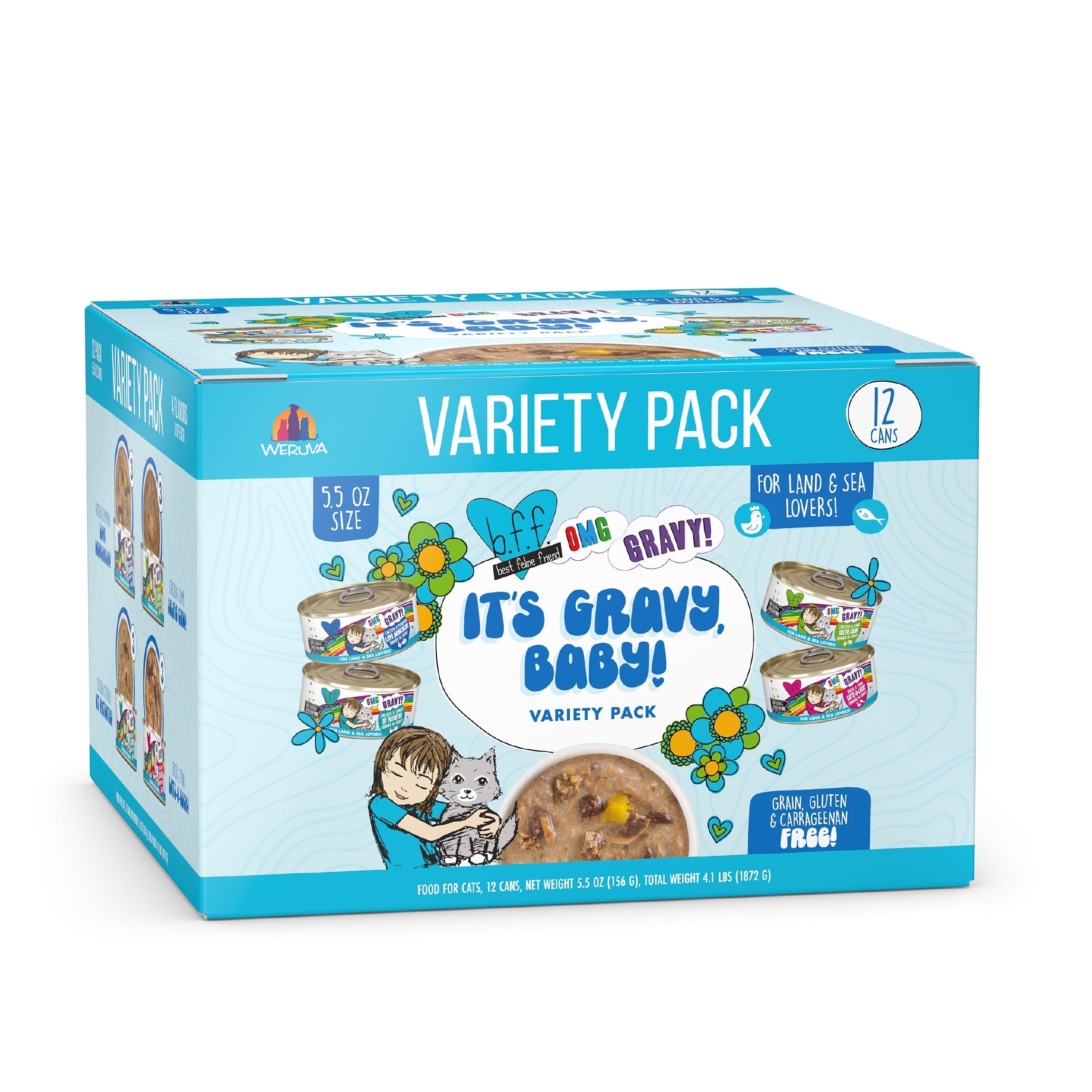 A blue and white box labeled "It's Gravy, Baby!" by BFF Best Feline Friend features images of gravy cat food cans, a cartoon pet family, and highlights minced premium proteins with a grain-, gluten-, and carrageenan-free recipe.