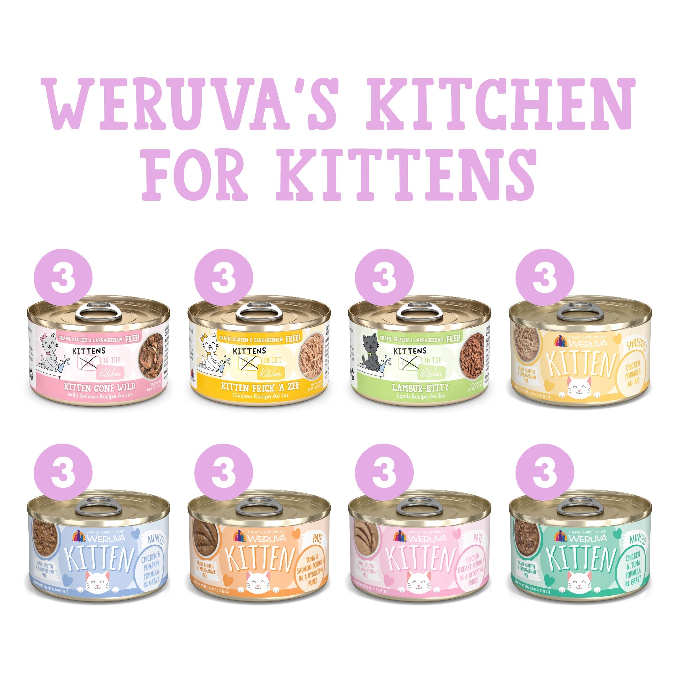 Eight cans of Cats in the Kitchen’s “Weruva's Kitchen For Kittens” feature boneless, skinless meat cuts for optimum kitten health, arranged in two rows under the “Weruva’s Kitchen for Kittens” title. Flavors vary by can.