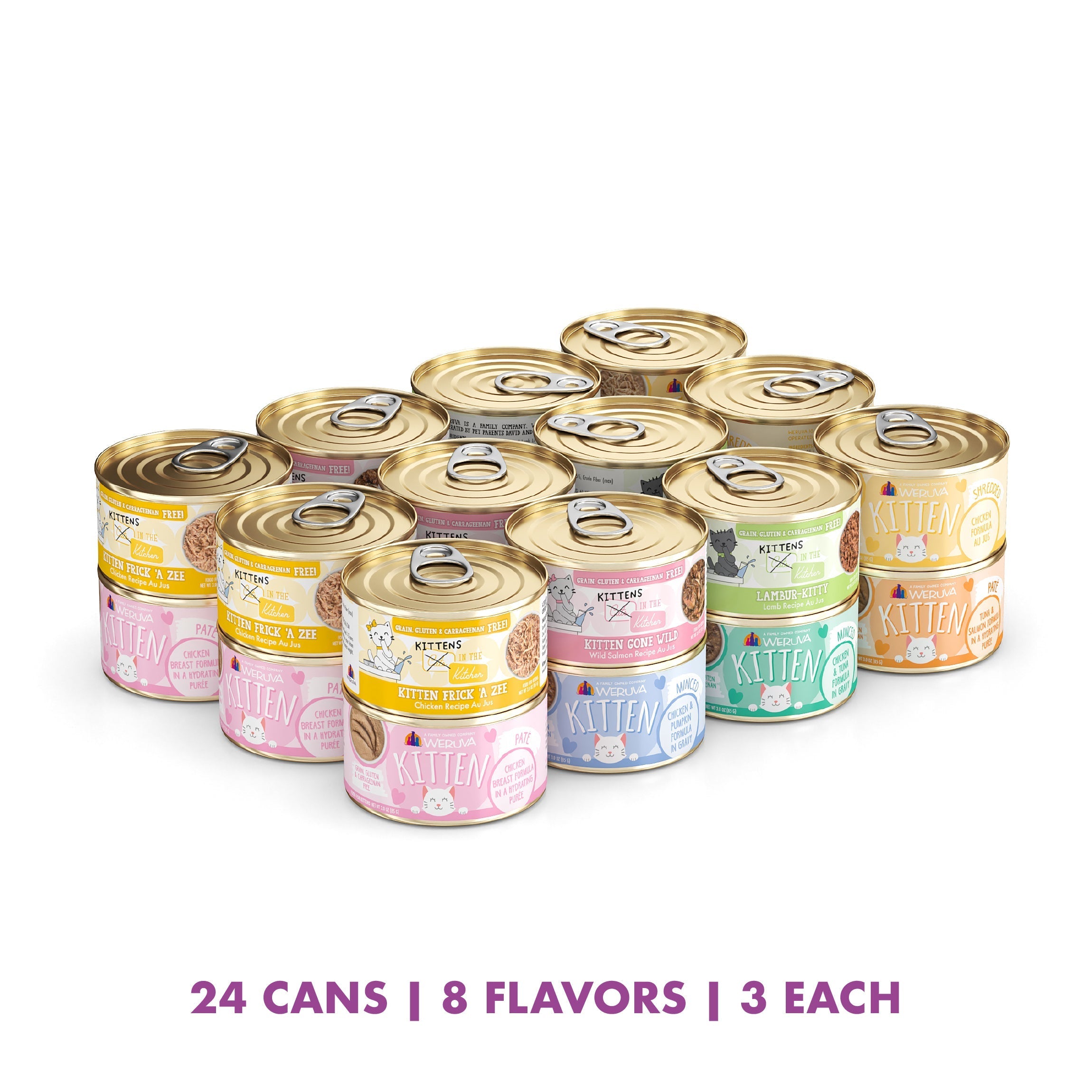 Weruva's Kitchen For Kittens by Cats in the Kitchen: 24 cans in 8 flavors for kittens, with 3 cans of each boneless, skinless meat recipe. Purple text below states: 24 cans | 8 flavors | 3 each.