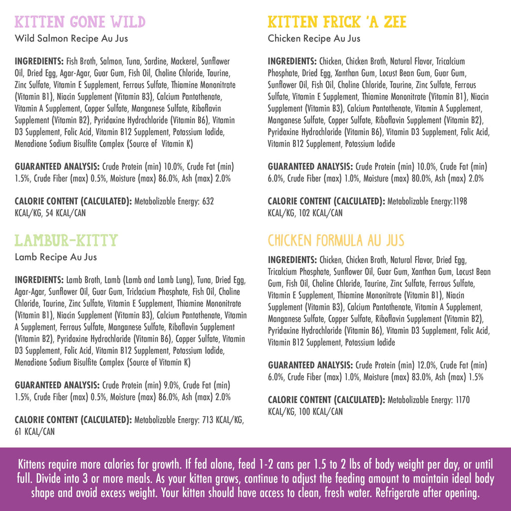 A chart shows ingredients and nutrition for four Cats in the Kitchen Weruva's Kitchen For Kittens formulas, all with boneless, skinless meat cuts, plus kitten feeding guidelines below.