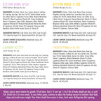 A chart shows ingredients and nutrition for four Cats in the Kitchen Weruva's Kitchen For Kittens formulas, all with boneless, skinless meat cuts, plus kitten feeding guidelines below.