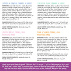 A color-coded chart displays ingredients, nutrition facts, feeding instructions, and kitten health tips for four Cats in the Kitchen Weruva's Kitchen For Kittens formulas: Chicken & Pumpkin, Chicken & Tuna, Chicken Breast, and Tuna & Salmon.