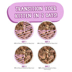Four bowls fill with Cats in the Kitchen Weruva's Kitchen For Kittens—Day 1 (25%), Day 3 (50%), Day 5 (75%), Day 7 (100%)—titled "Transition Your Kitten in 7 Days!" for optimal health with boneless, skinless cuts of meat.
