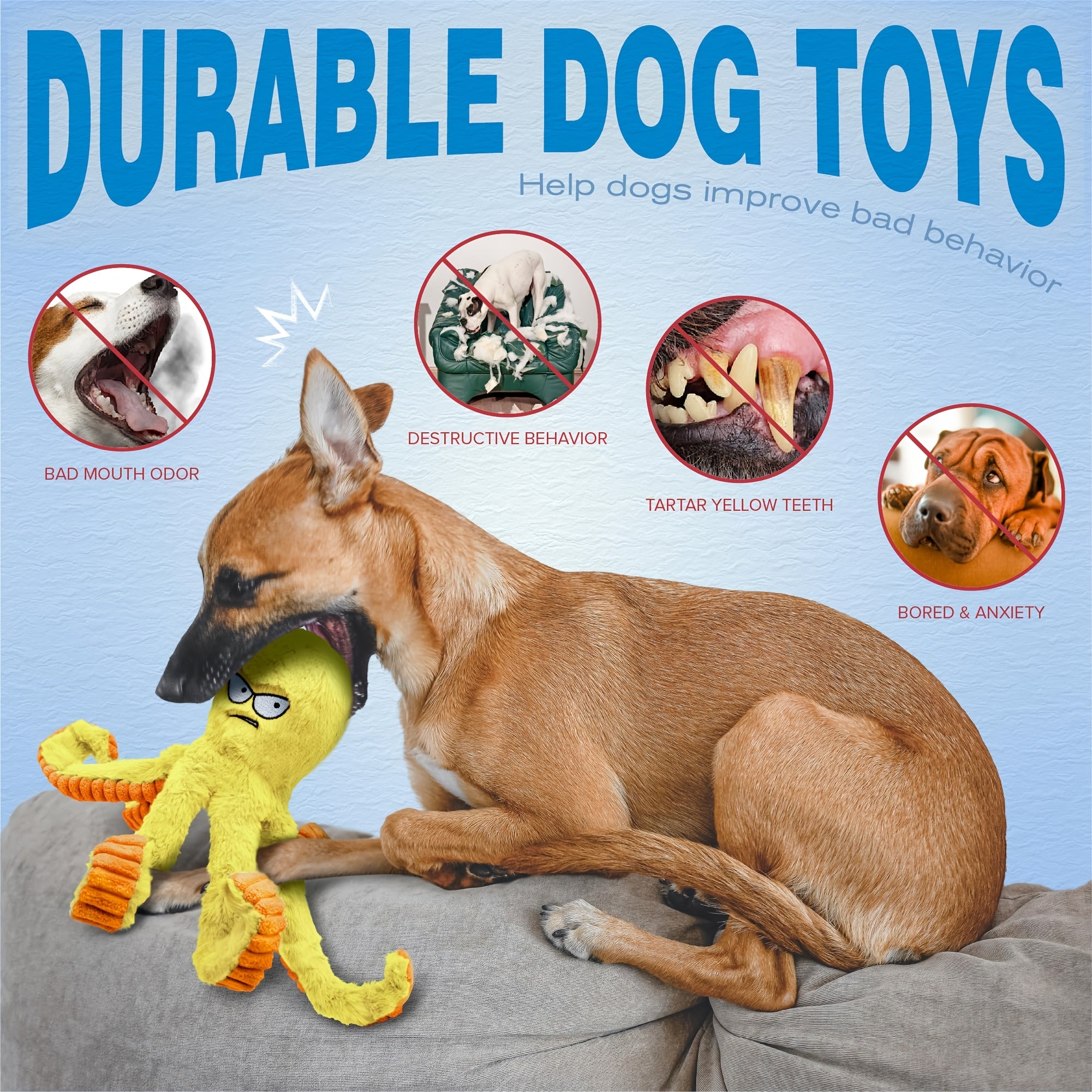 1/2/4Pack Tough Dog Toys, Stuffed Dog Chew Toys, Large Dog Toys to Keep Them Busy, Interactive Dog Toys, Squeaky Dog Toys, Tug of War Dog Toy, Crinkle Dog Toy (Blue Octopus)