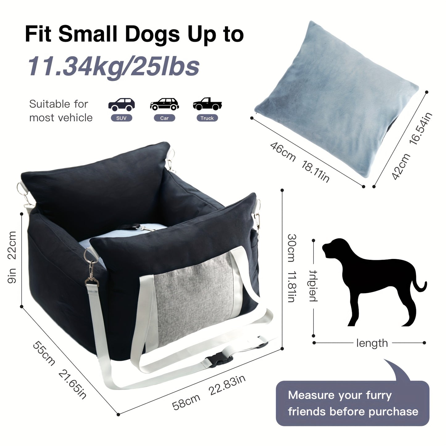 Dog Car Seat Carrier Booster with Safety Harness - Pet Travel Seat for Dogs & Cats, Handheld & Shoulder Strap, Fits Front & Back Seat, Multi-Scene Use for Cafe Park Outdoor