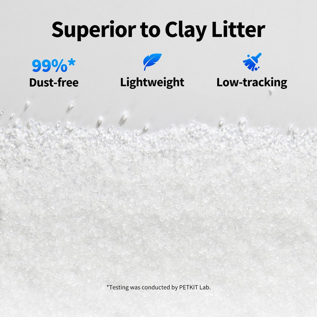 Lightweight, dust-free crystal cat litter with low tracking and superior performance