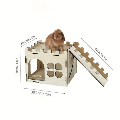 Wooden Rabbit Castle House – Detachable Solid Wood Hideout for Rabbits, Hamsters & Small Pets | Creative Splicing Toy Nest Playhouse
