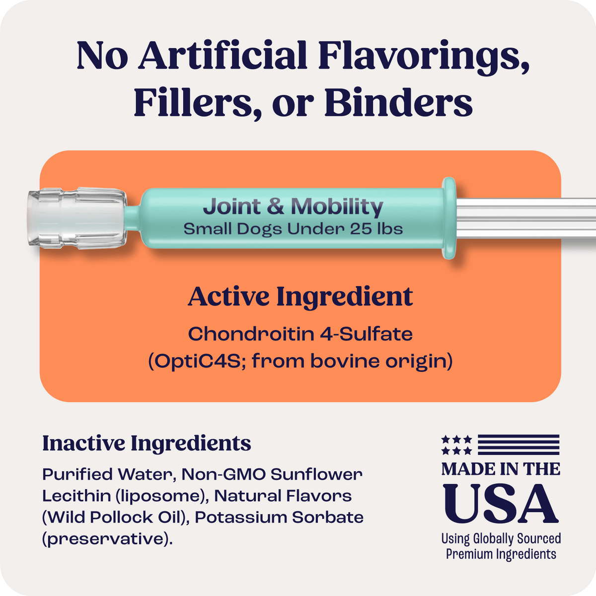 Joint and mobility liquid for small dogs under 25 lbs, made in the USA.