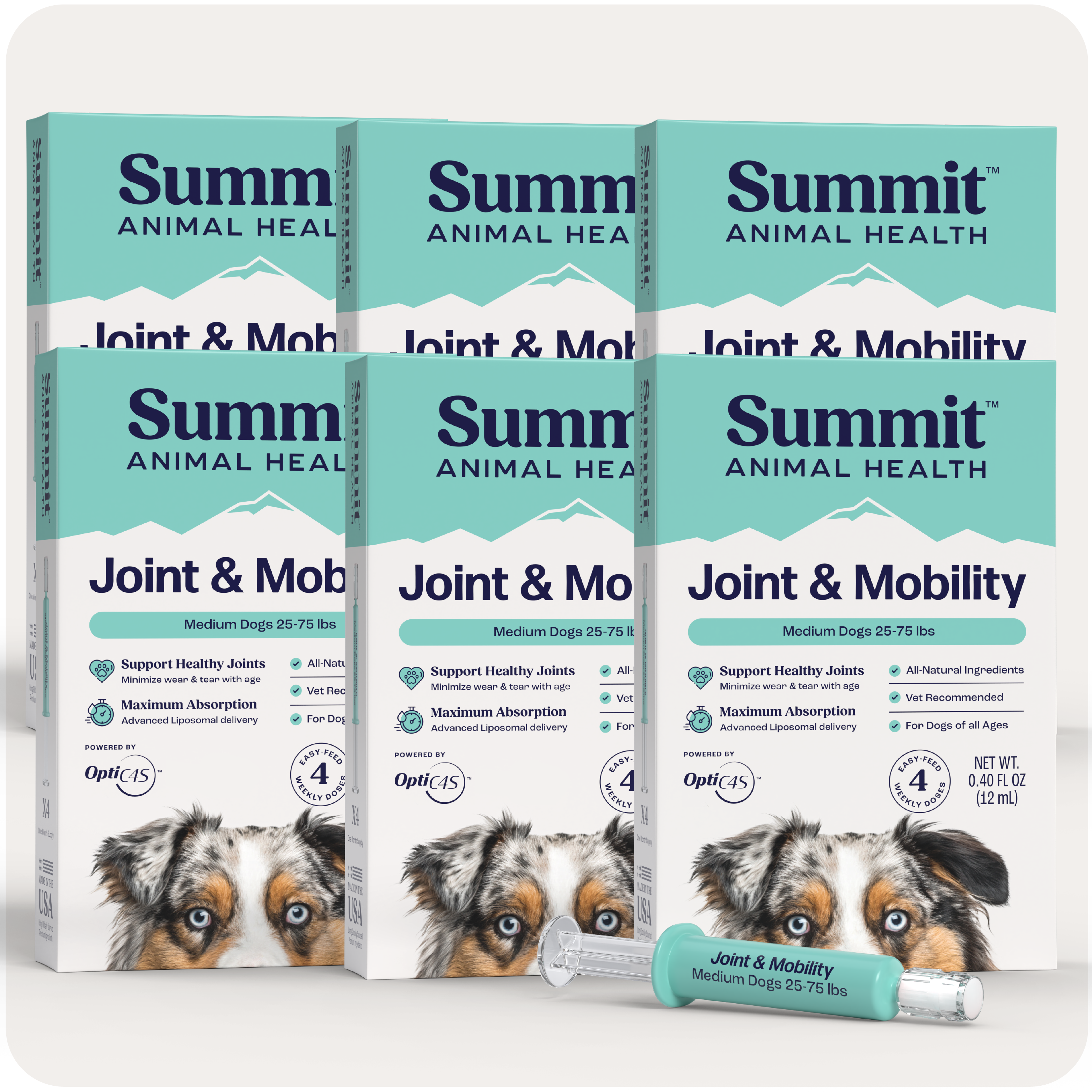 Joint & Mobility Liquid for medium dogs packaging by Summit Animal Health.