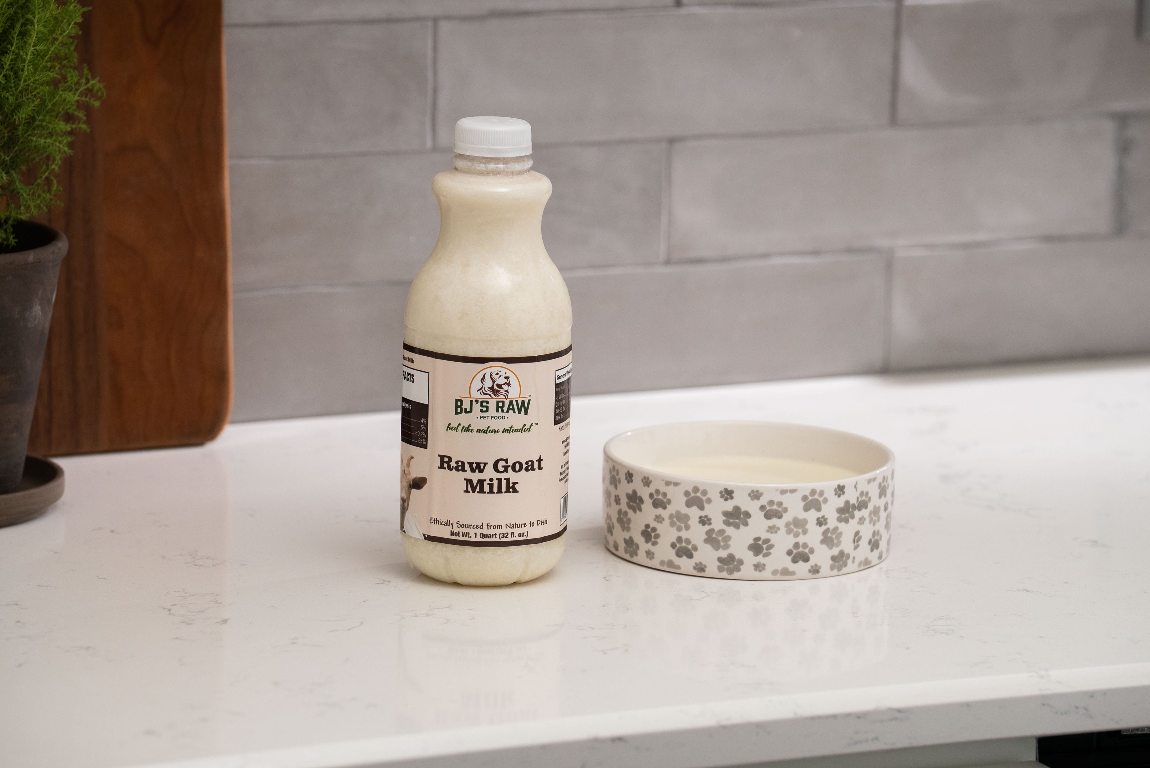 BJ's Raw Goat Milk bottle with serving bowl