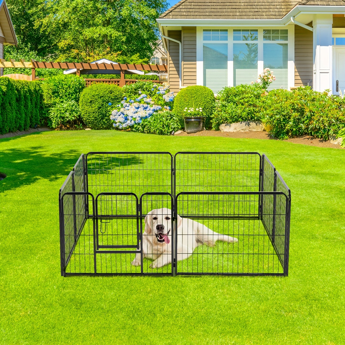 Metal Dog Playpen with Door DIY 8 or 16 Panel Foldable Pet Pen for Small Medium Large Dogs Puppies Easy Assemble Indoor Outdoor Use 24 32 40 Inch Height