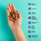 freeze dried chicken liver treat in hand with product benefits: single ingredient, bite-sized, premium sourced, zero fillers, artificial additives, or preservatives, less than 1 kcal per treat, 3-in-1 treat/topper/mix in, high in protein, & grain, gluten, legume and potato free.