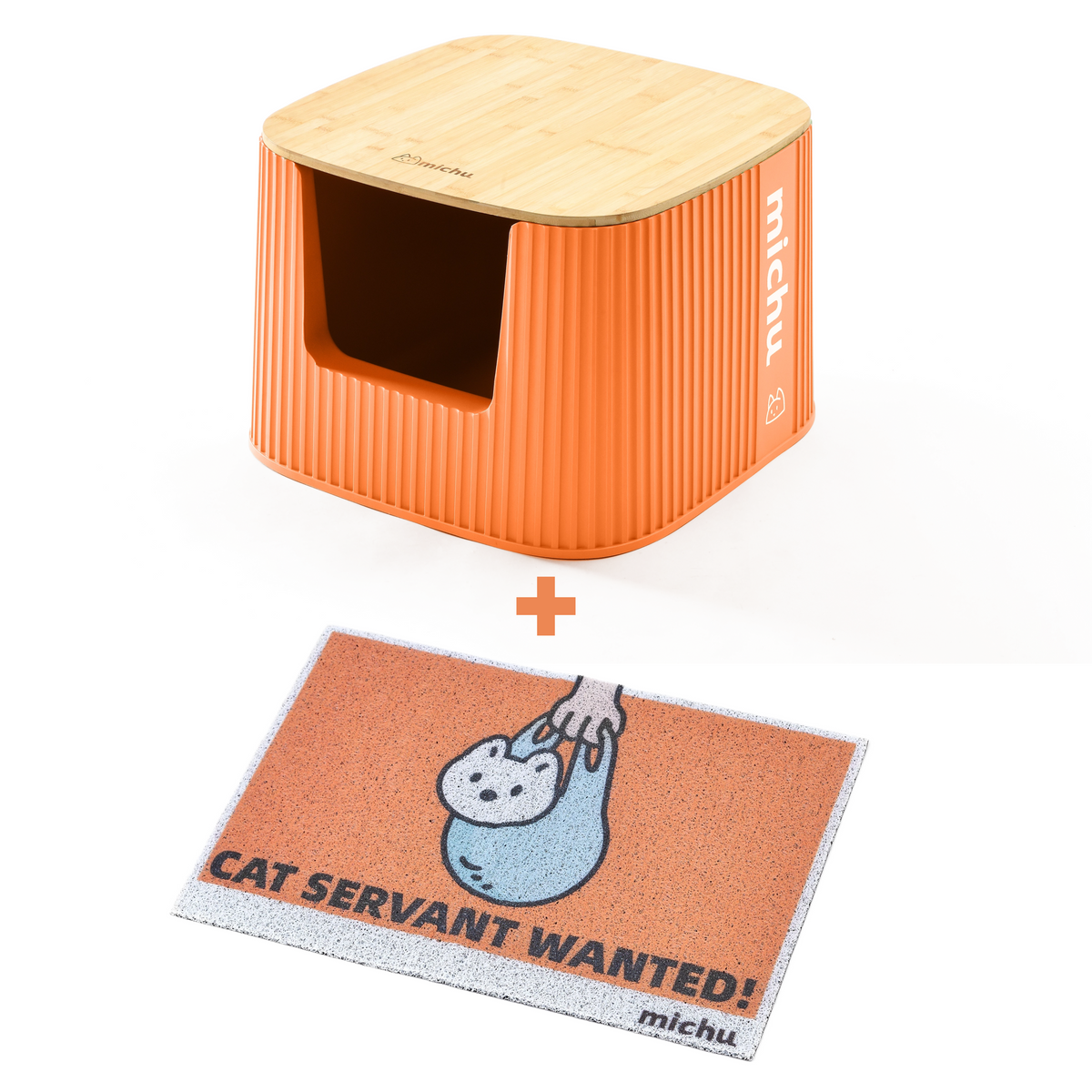 XXL High-Wall Cat Litter Box, Coral + Mat + Wooden Lid