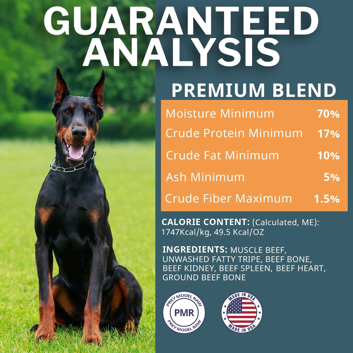 Dog sitting on grass with guaranteed analysis for a premium blend of dog food.
