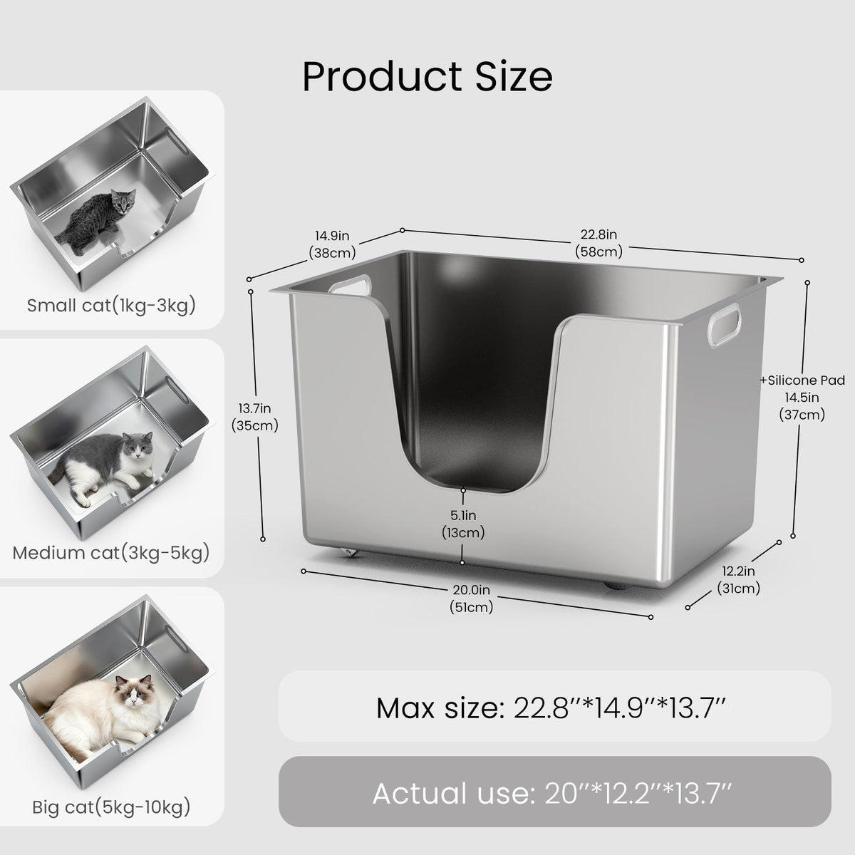 XL side-entry stainless steel cat litter box dimensions