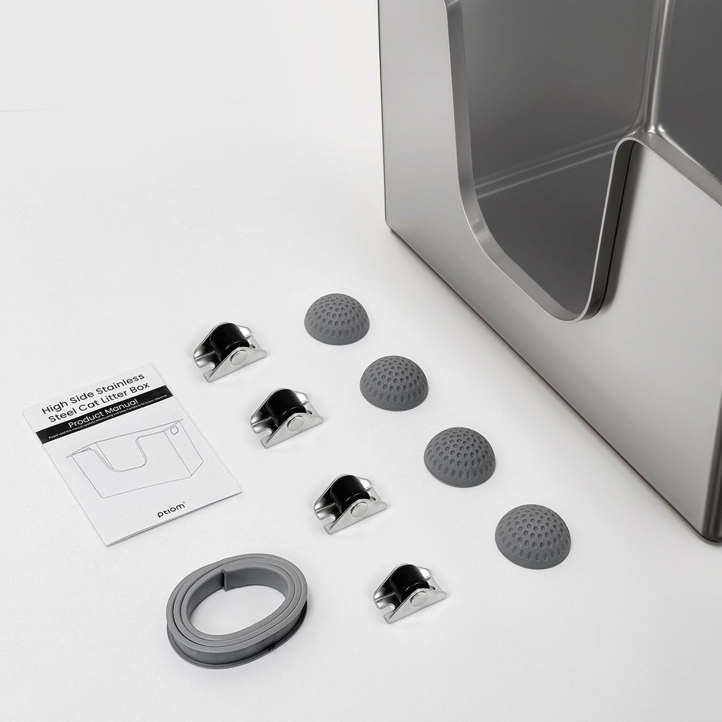 Side-entry stainless steel litter box with installation accessories