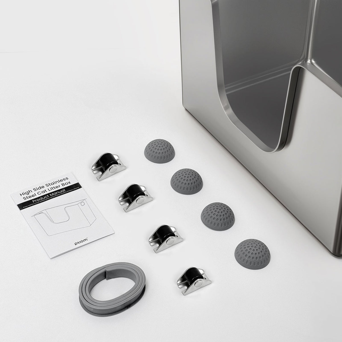 Side-entry stainless steel litter box with installation accessories