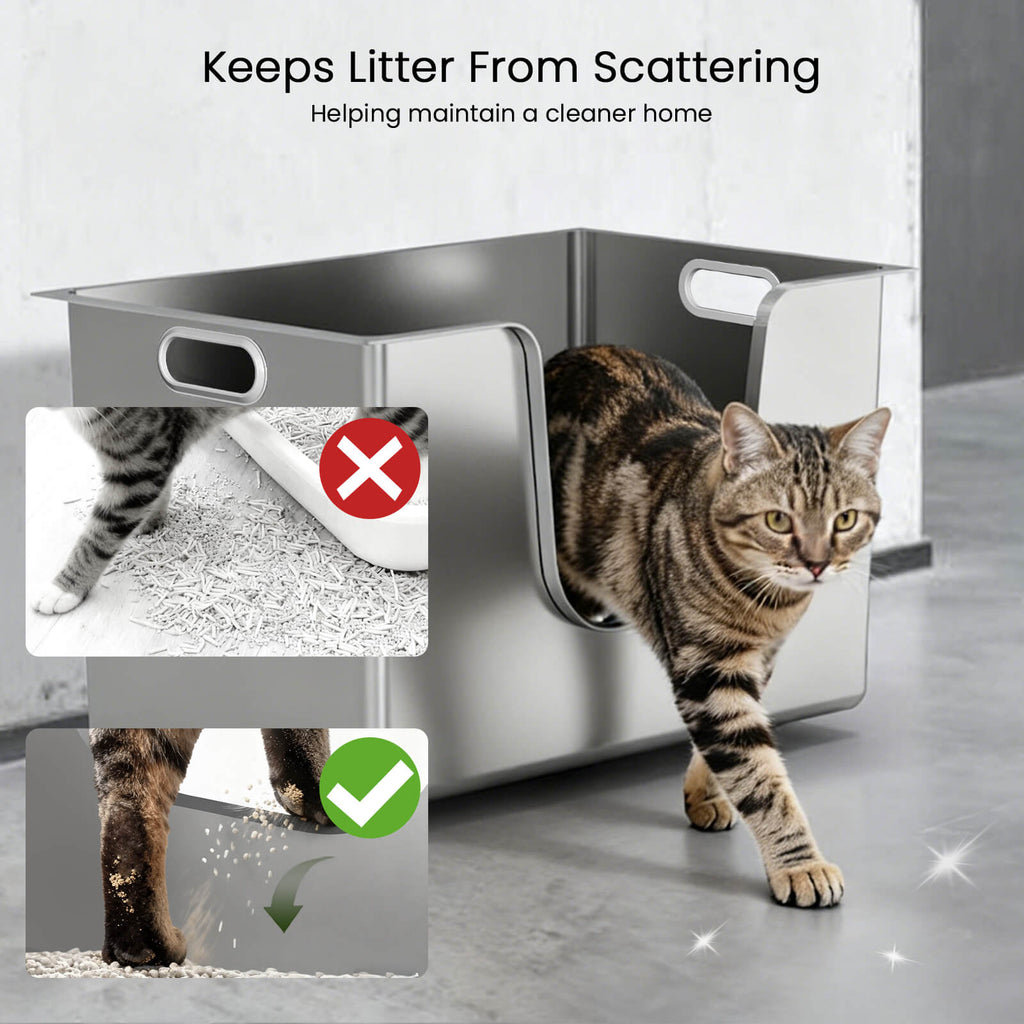 Side-entry high-sided litter box helps keep litter off the floor
