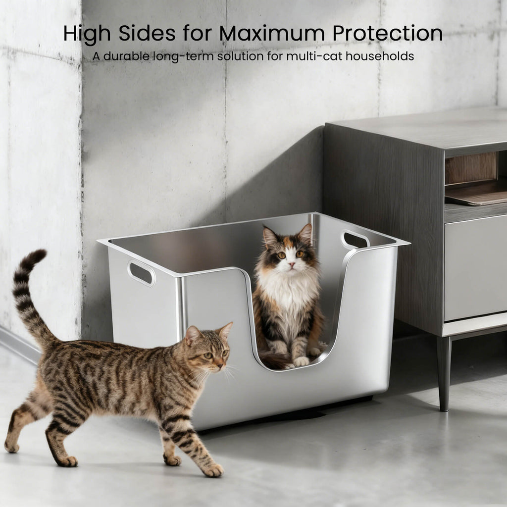 High walls help contain urine spray in a stainless steel litter box