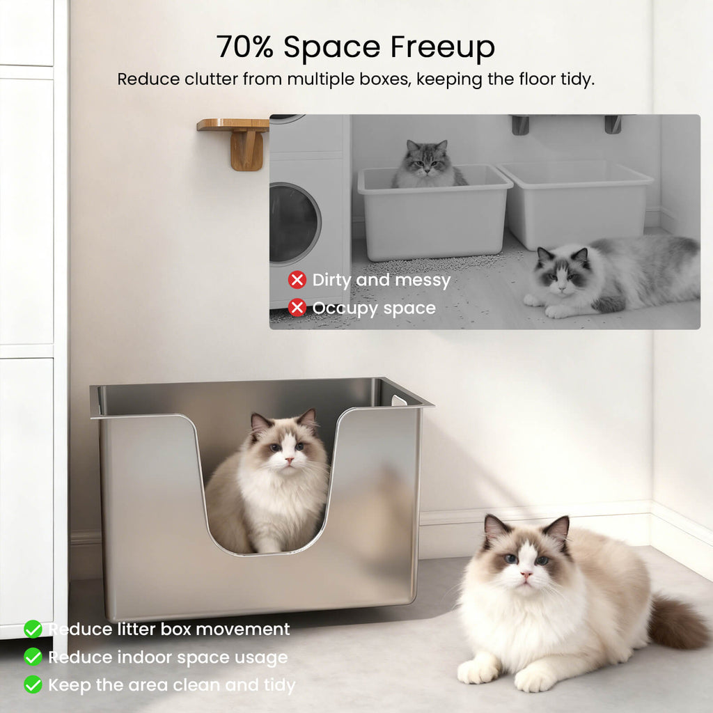 Space-saving side-entry stainless steel litter box for small rooms