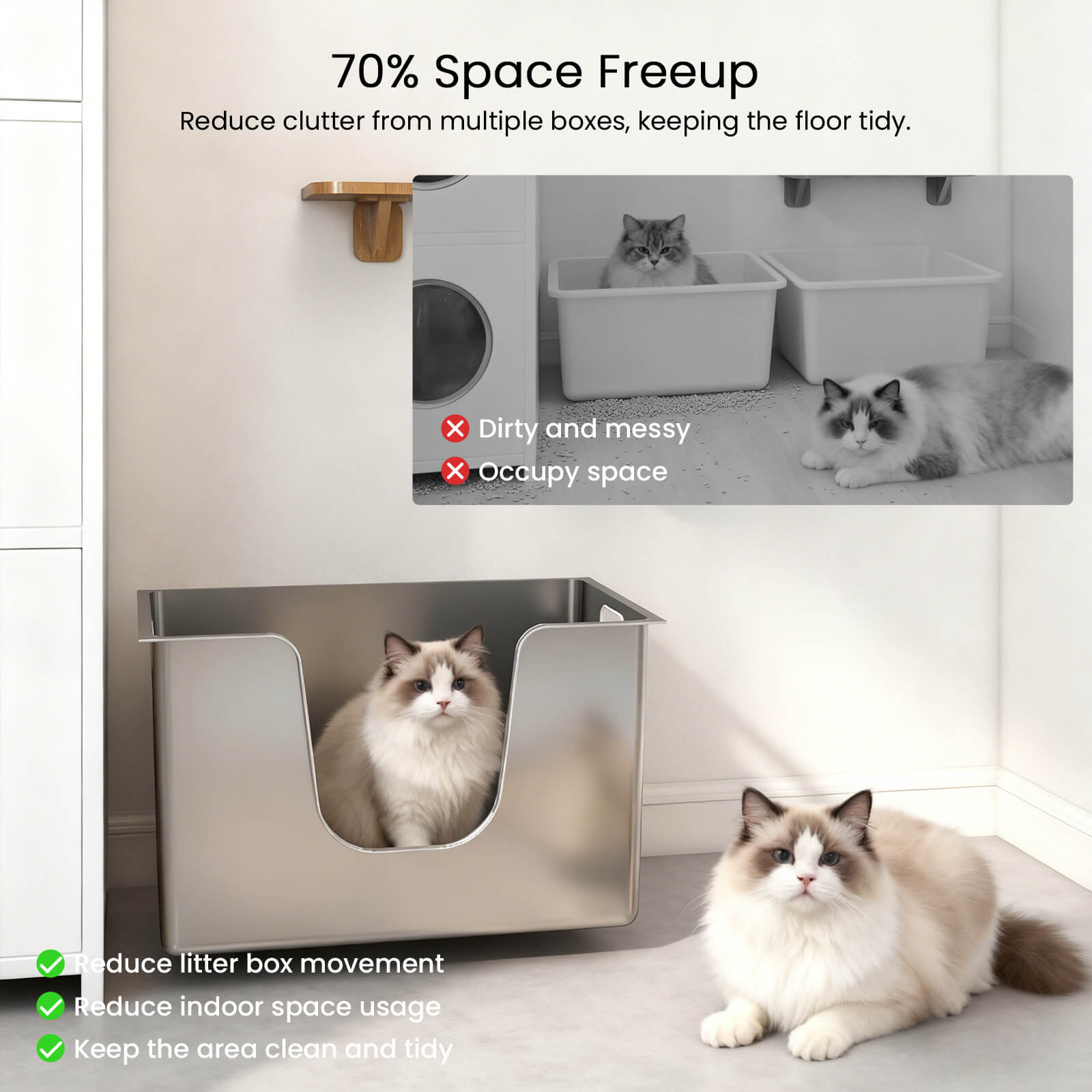 Space-saving side-entry stainless steel litter box for small rooms