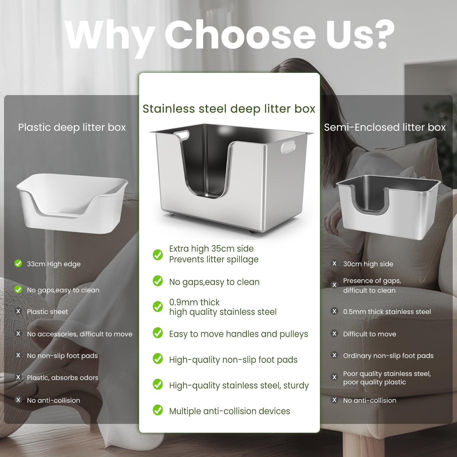 Side-entry stainless steel litter box compared with other box designs
