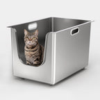 Large cat inside a front-entry high-sided stainless steel litter box