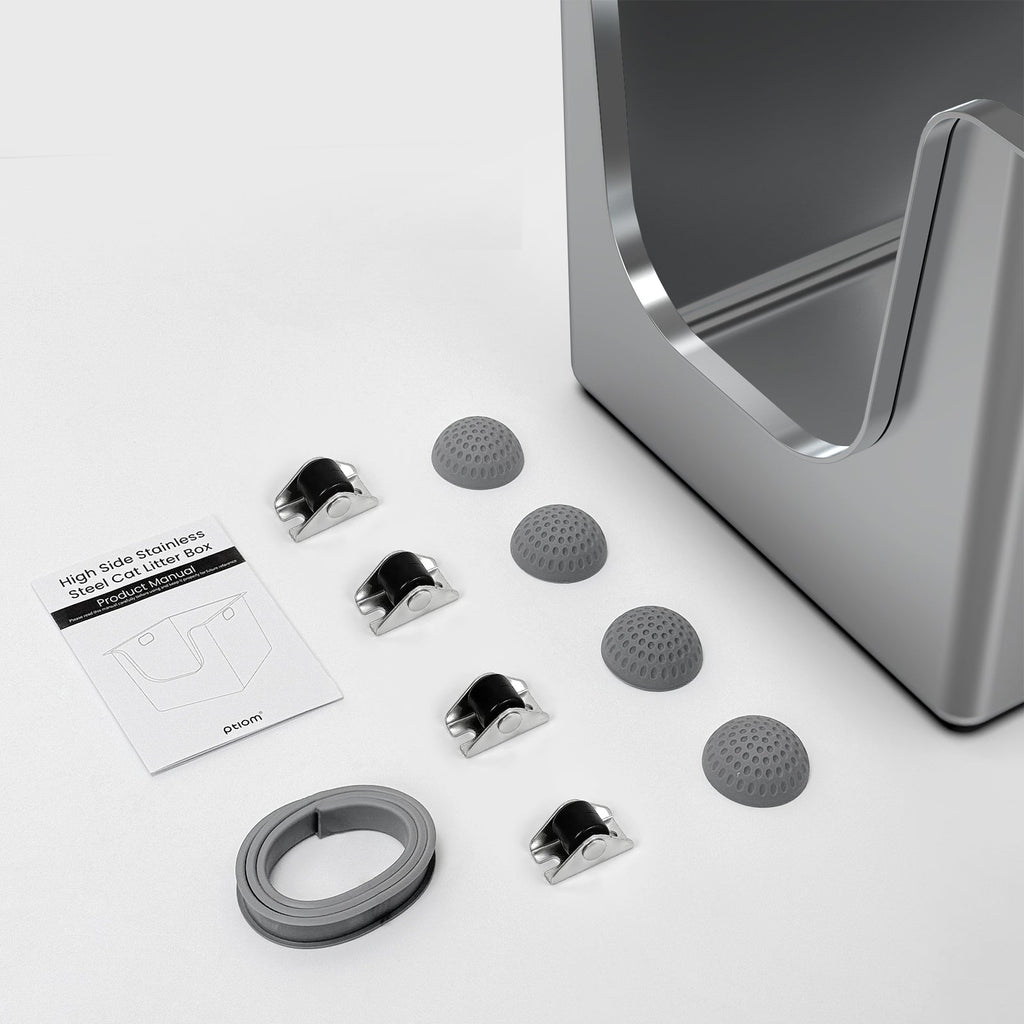 High-sided stainless steel litter box with mat, scoop and mounting parts