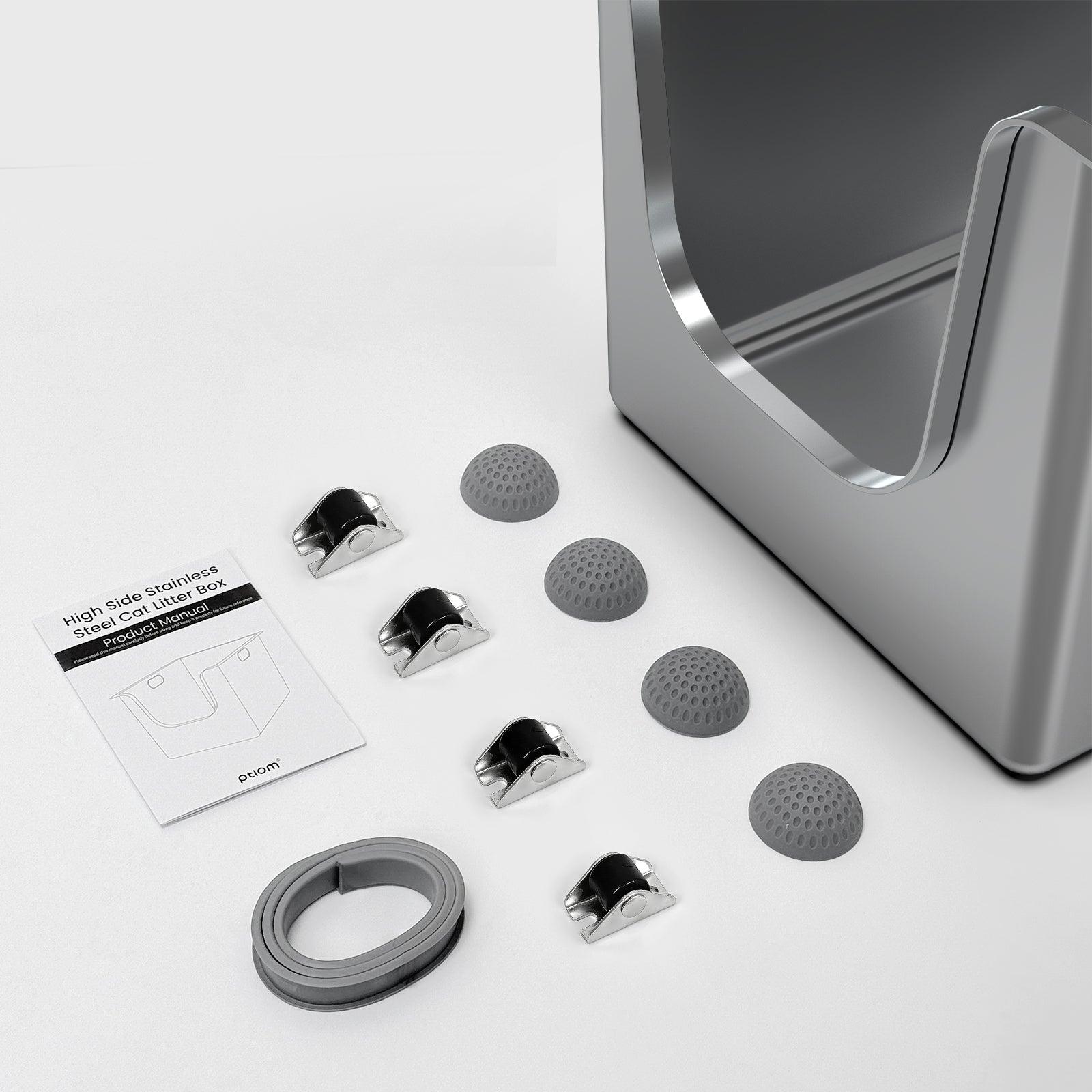 High-sided stainless steel litter box with mat, scoop and mounting parts