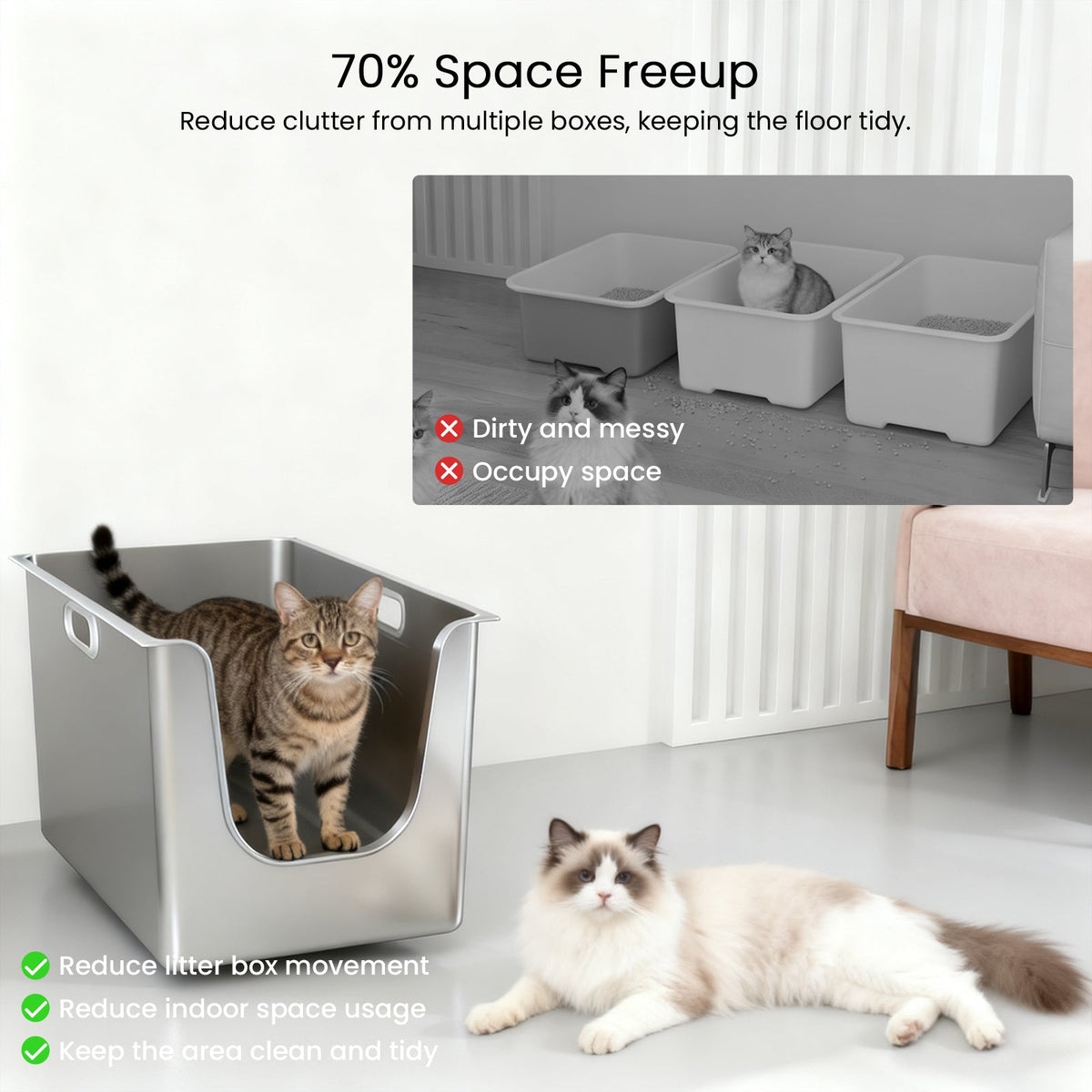Space-saving stainless steel litter box for cats in small rooms