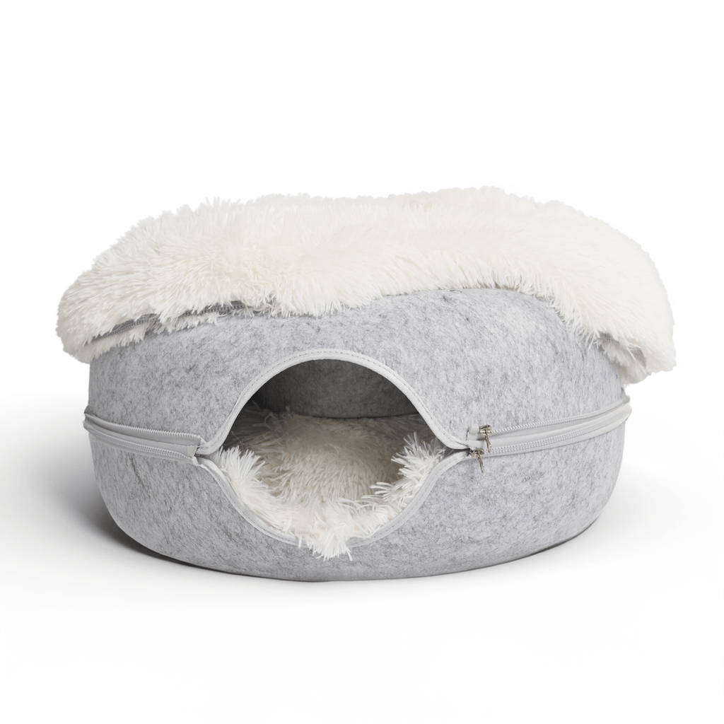 Calming Donut Cat Bed and Cave with Removable Plush Top, Washable Two-Level Hideaway in Large or Jumbo source image 1