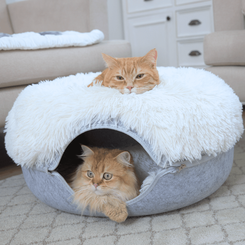 Calming Donut Cat Bed and Cave with Removable Plush Top, Washable Two-Level Hideaway in Large or Jumbo source image 2
