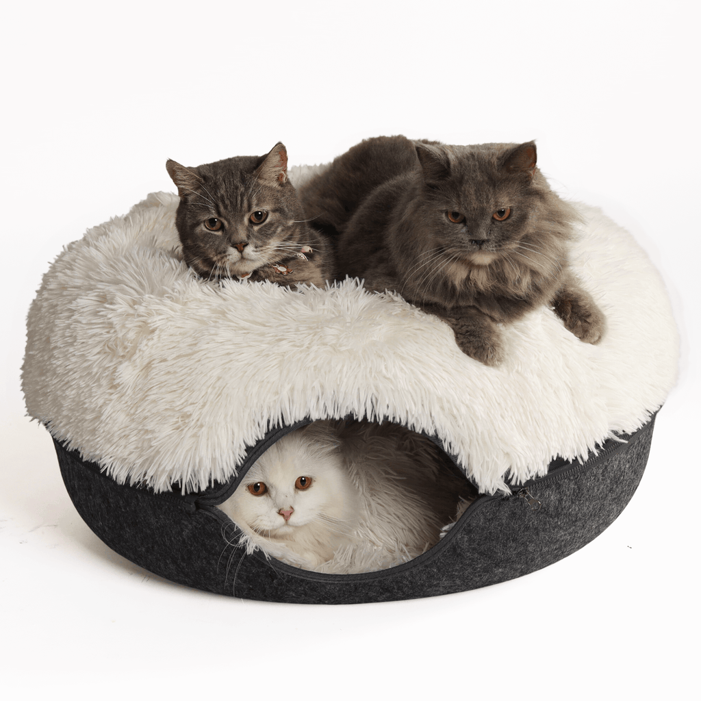Calming Donut Cat Bed and Cave with Removable Plush Top, Washable Two-Level Hideaway in Large or Jumbo source image 9