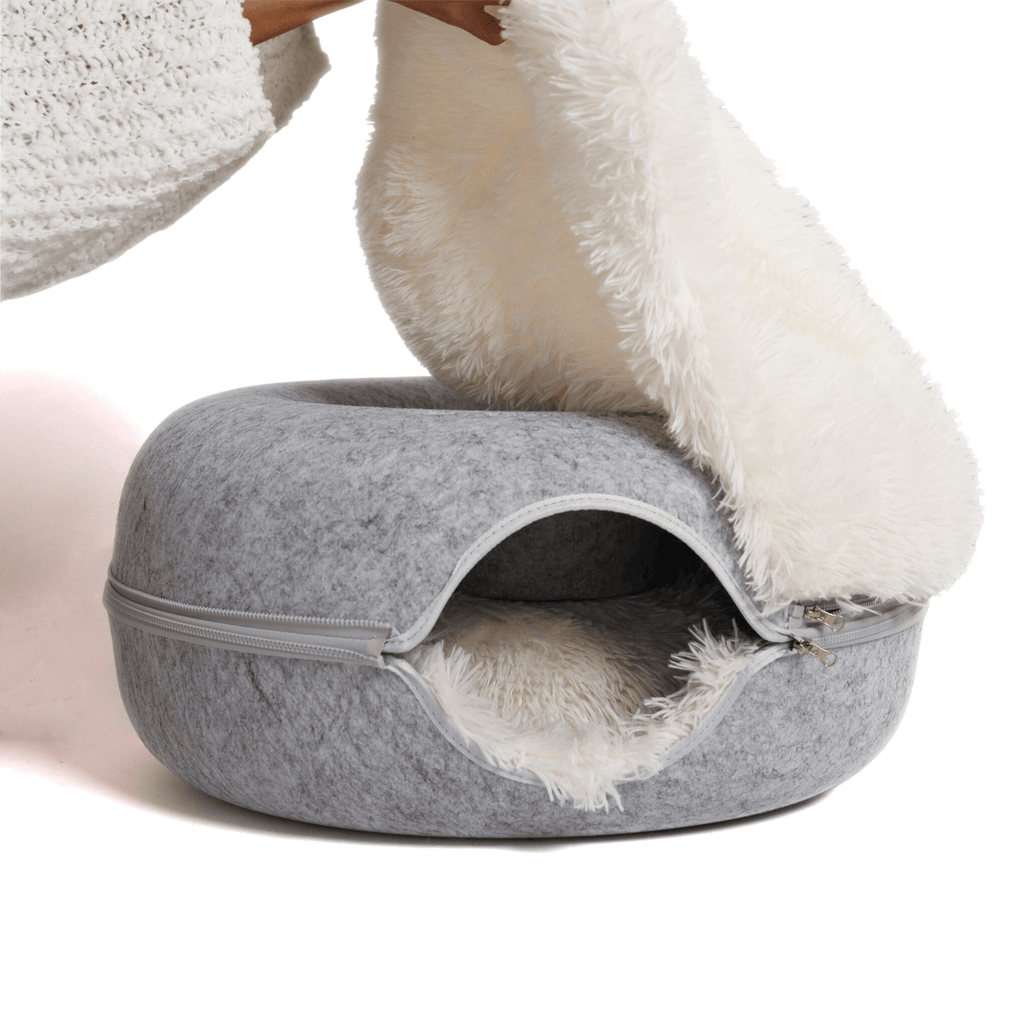 Calming Donut Cat Bed and Cave with Removable Plush Top, Washable Two-Level Hideaway in Large or Jumbo source image 11