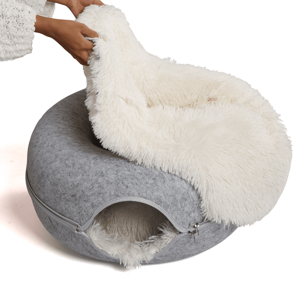 Calming Donut Cat Bed and Cave with Removable Plush Top, Washable Two-Level Hideaway in Large or Jumbo source image 12