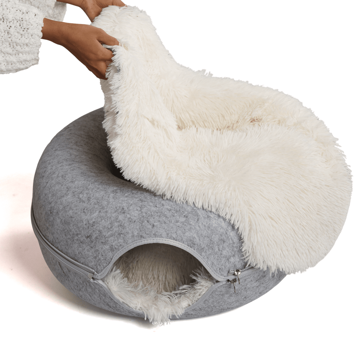Calming Donut Cat Bed and Cave with Removable Plush Top, Washable Two-Level Hideaway in Large or Jumbo source image 12