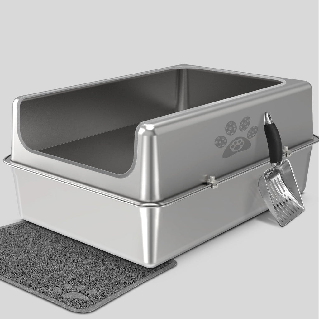 PTLOM XXL stainless steel cat litter box with high sides, mat and scoop