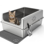 Large cat inside an XXL stainless steel litter box with mat and scoop