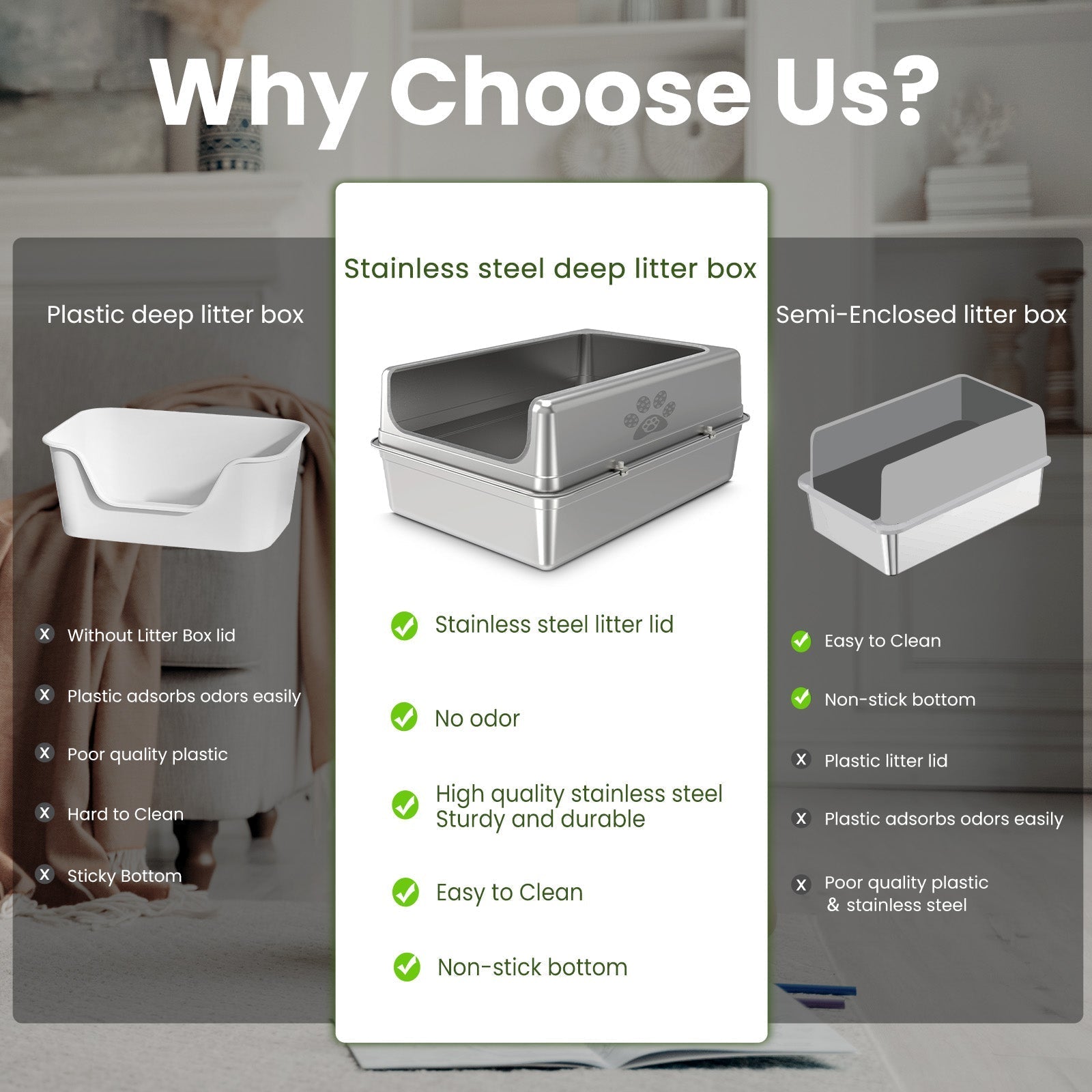 Stainless steel cat litter box compared with plastic and semi-enclosed boxes