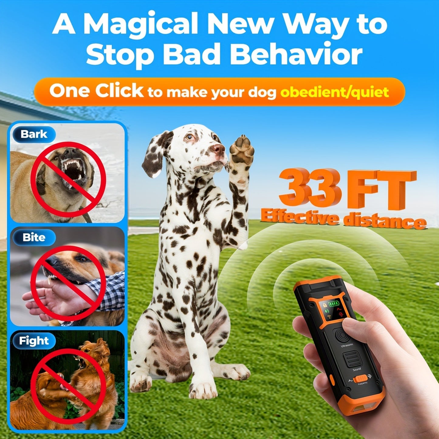 Ultrasonic Dog Repeller & Anti-Barking Device - Portable Handheld Bark Deterrent with LED Light, Soundwave Technology, Safe for Dogs & Humans, One Size Fits All Breeds