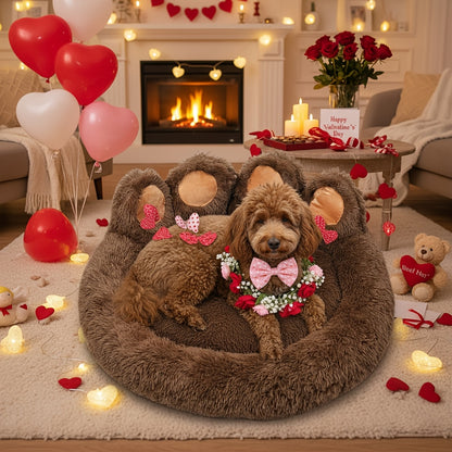 Dog Bed Cat Bed Bear Paw Shaped Donut – Calming Round Plush Pet Mattress, Warm & Soft Cuddler Bed for Dogs and Cats, Includes Pet Scarf, Sizes S to 2XL, Colors: Coffee, Pink, Grey, Brown