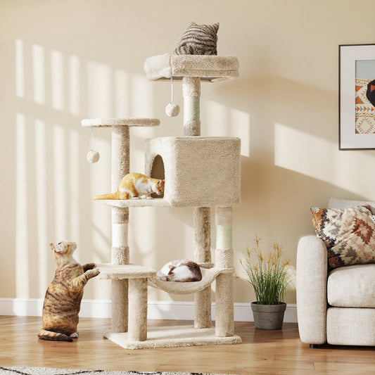 44-Inch Cat Tree Tower with Condo & Hammock - Multi-Level Indoor Cat Tree with Natural Sisal Scratching Posts, Perches & Pet House for Cats & Kittens, Stable Cat Climbing Tower, 5 Colors