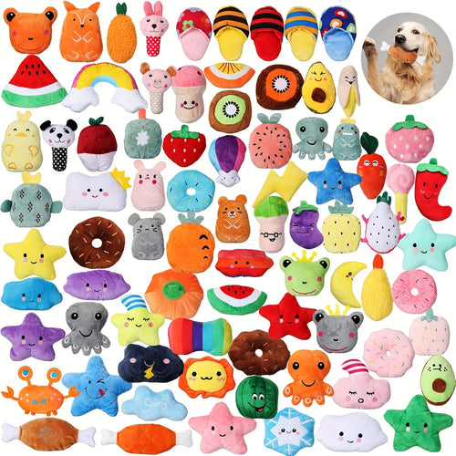 Squeaky Plush Dog Toys 80pcs Bulk Set - Colorful Fruit & Animal Shaped Stuffed Toys for Small Medium Dogs, Teething Puppy Toys Variety Pack, Interactive Plush Chew Toys for Playtime & Boredom Relief