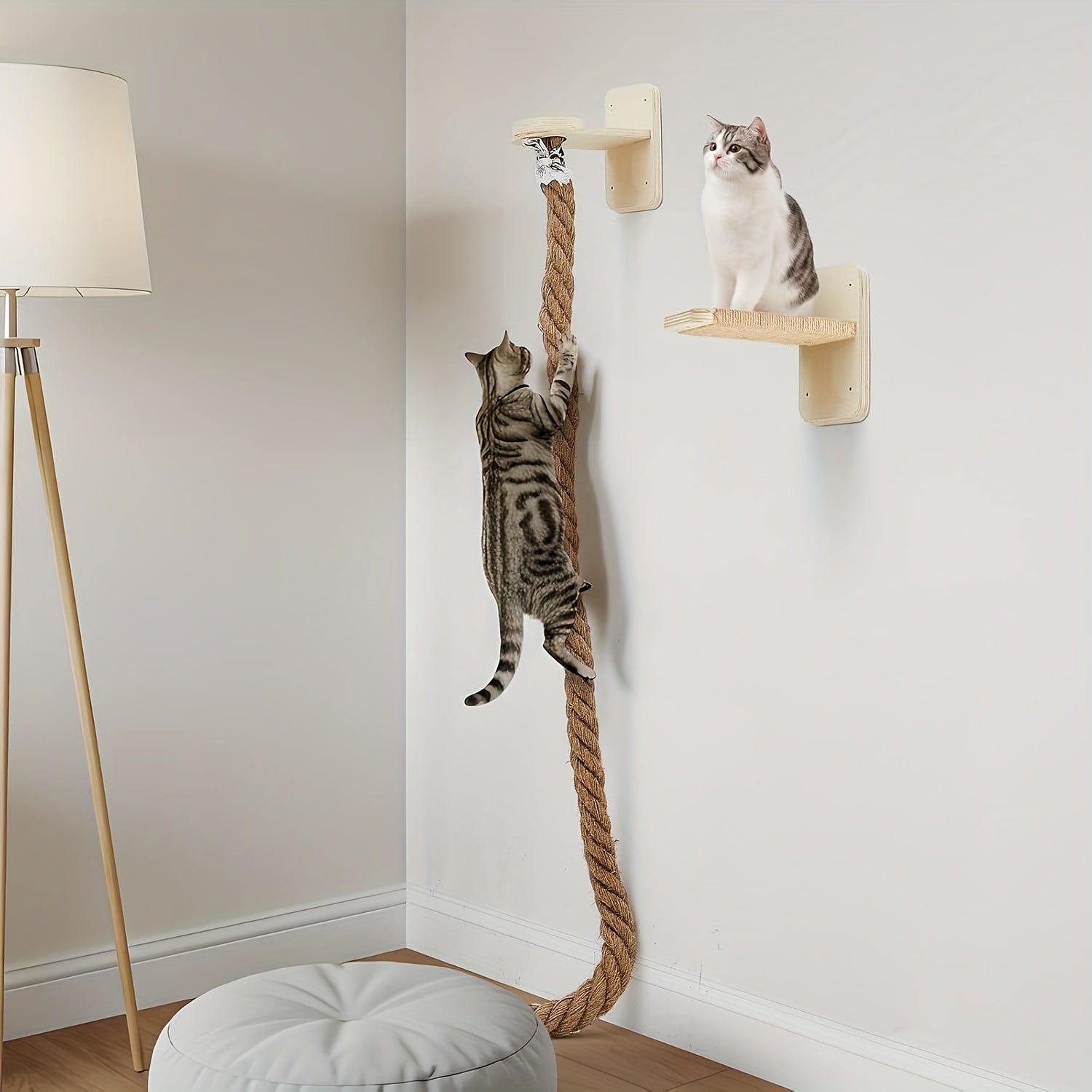 1.5M/60In Jute Rope Jump Platform Wall Punch Type Set, Cat Climbing Rope, Deluxe Wall-Mounted Cat Scratching Post Cat Scratching Posts Wall-Mounted Cat Tree with Climbing Rope, Large Ladder, And Resting Platform - Provides Endless Fun